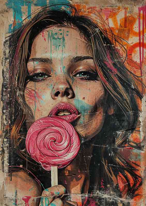 Woman with a pink lollipop street art