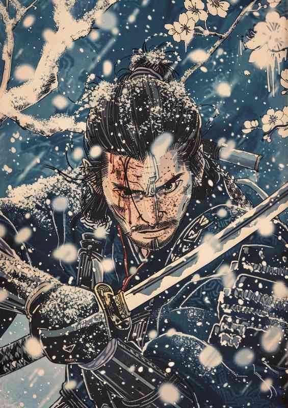 A samurai in the snow holding a sword