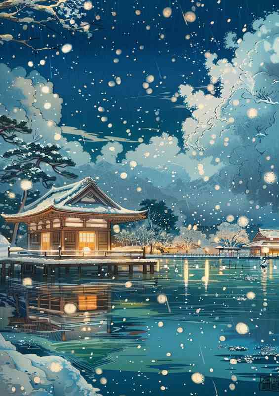 Beautiful snow scene over the temple by the lake