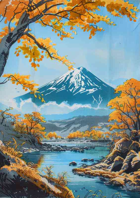 Japanese Mount Fuji with the river flowing