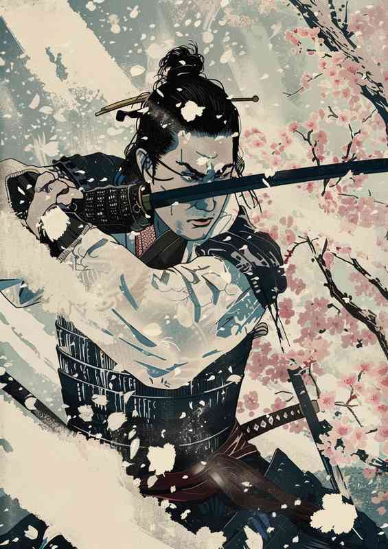 Japanese an epic samurai with sword in winter