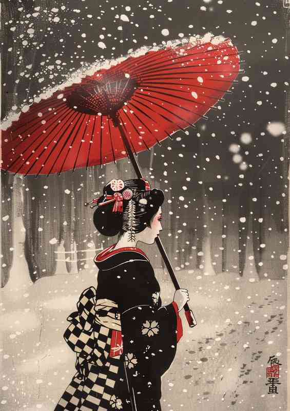 Japanese lady walking in the snow