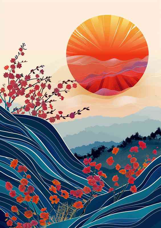 Japanese poster art sun and waves