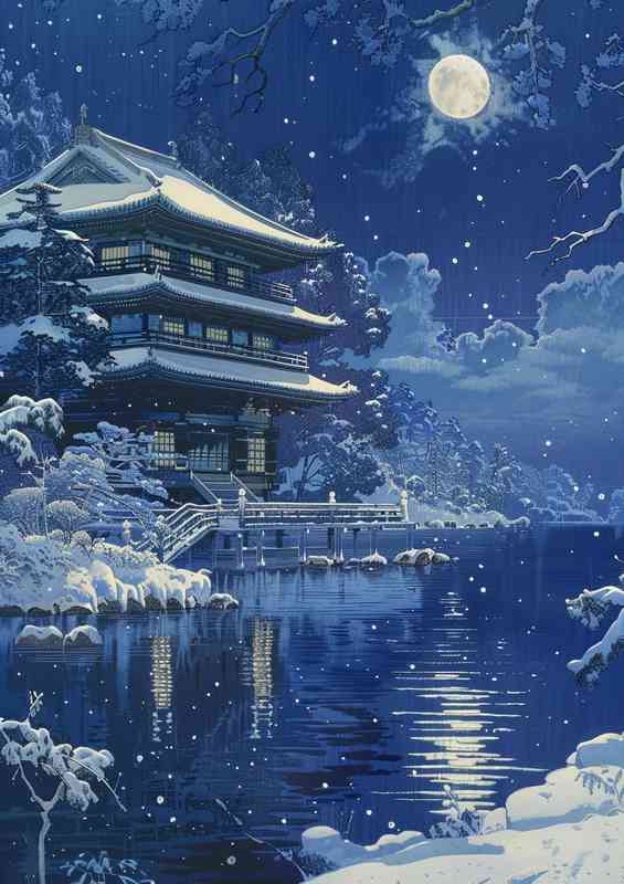 Kawase Hasui snowcovered pagoda by the lake at night