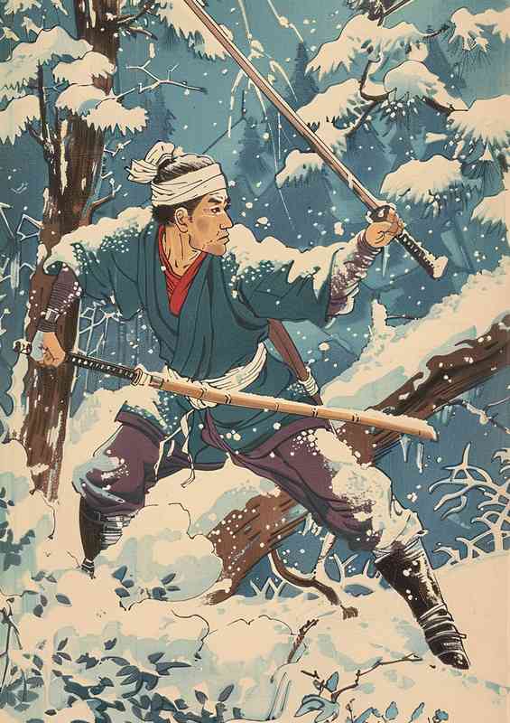 Man with a white headband long wooden stick