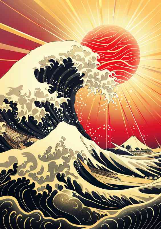 Old japanese style poster showing the great wave