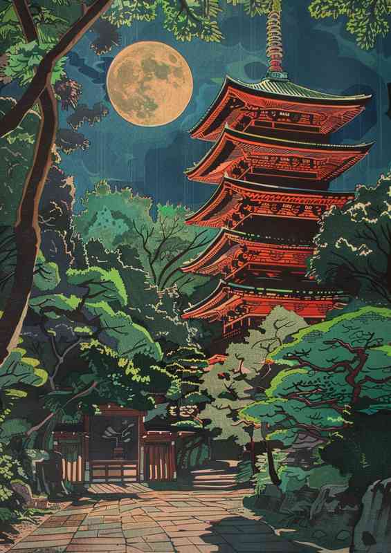 Pagoda at night under the moon