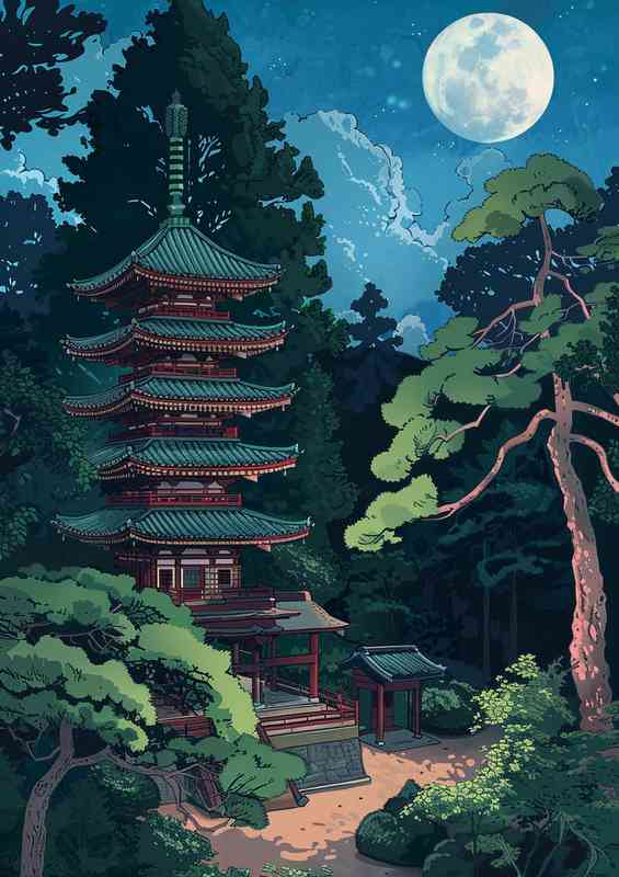 Pagoda with red tiles and full moon