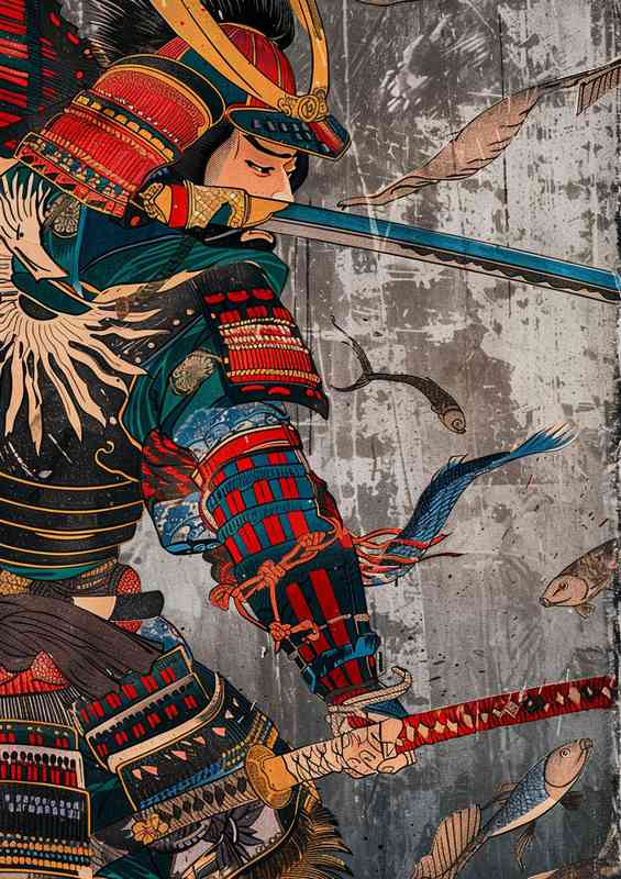 Samurai fighting with sword and armor colorful wood