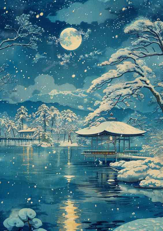 Snow scene at night by the lake