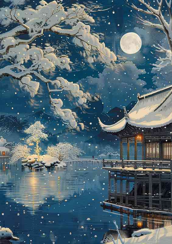 Snow scene at night in the temple