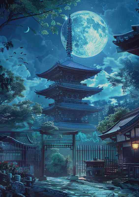 Tall pagoda with blue moon