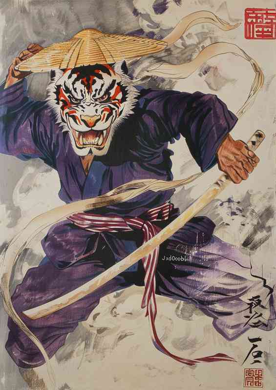 Tiger god wearing a white and red