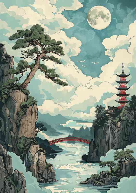 Water painting style bridge over the river