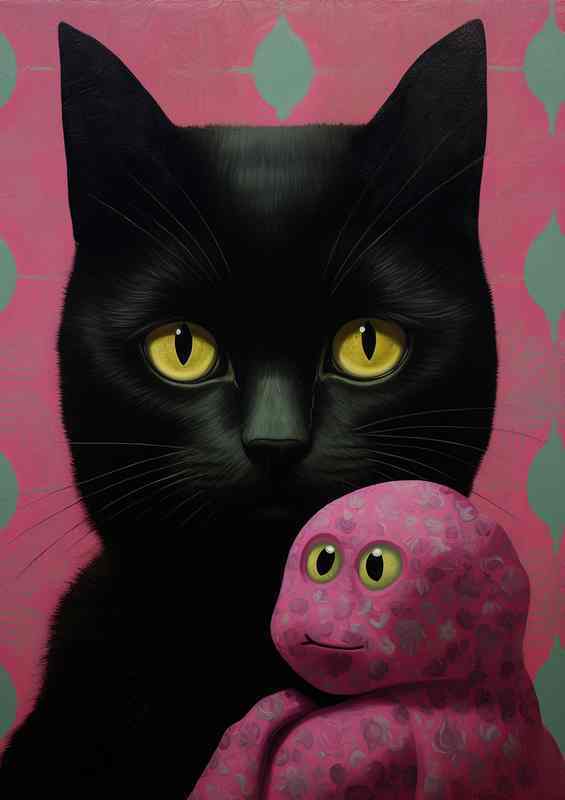 A Black cat holding a pink stuffed teddy