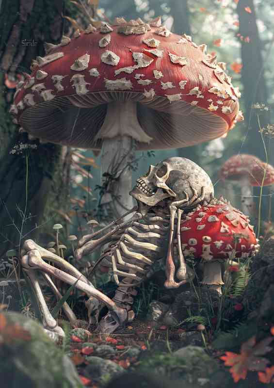 A Skeleton sitting under a mushroom canopy