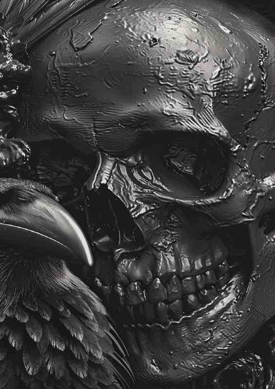 A black skull and raven