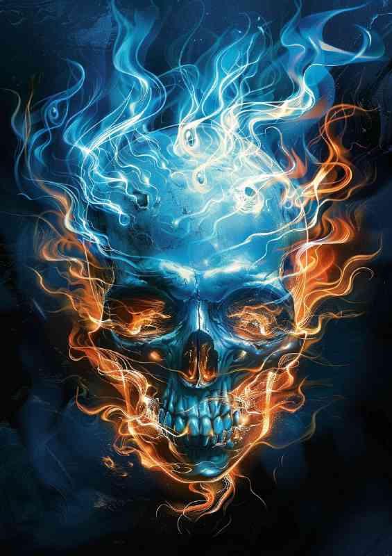 A blue skull with blue flames over it