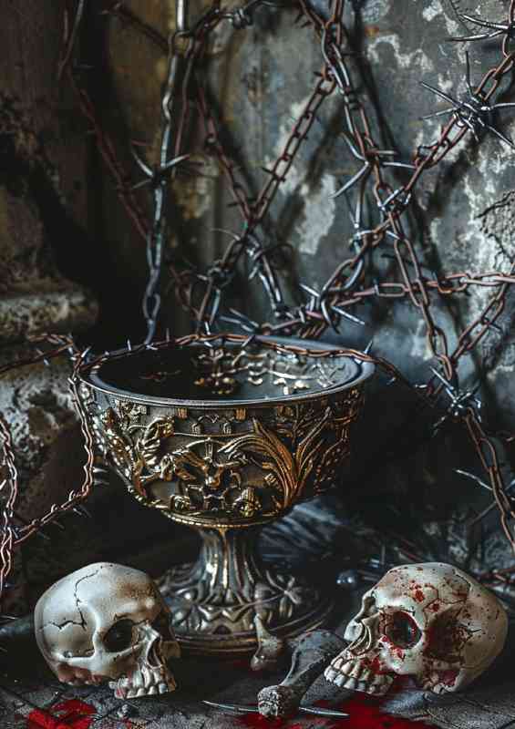 A bowl next to skulls and barbed wire