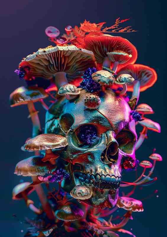 A colorful skull with various mushrooms