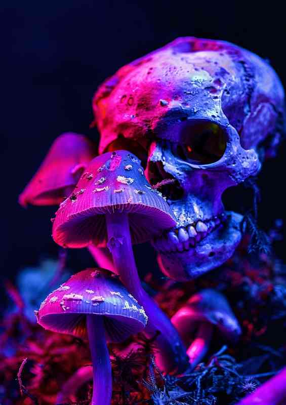 A dark room with mushrooms and a skull