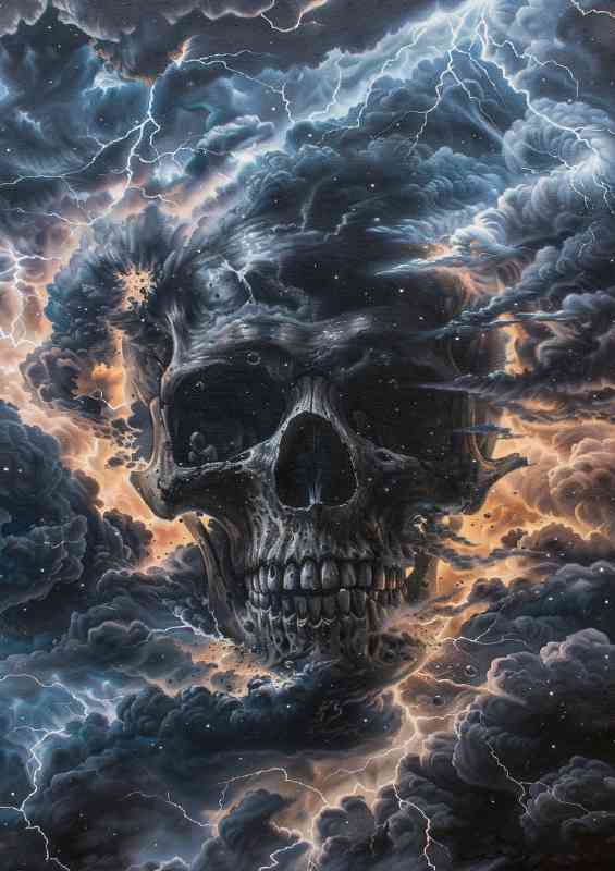 Black skull with lightning around it in the clouds