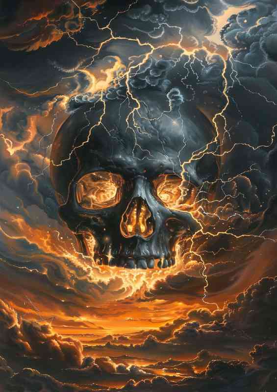 Black skull with lightning the clouds | Metal Poster