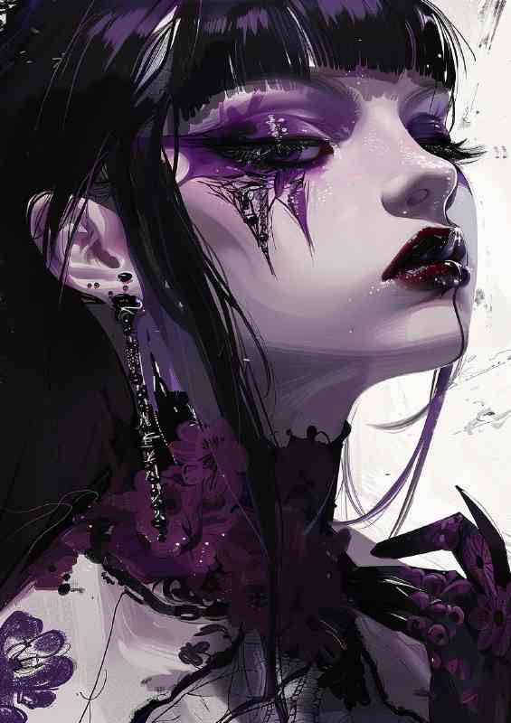 Girl with purple makeup and black hair in goth style