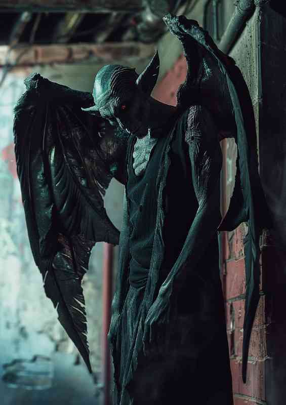 Occult devil with big wings and claws in the alley