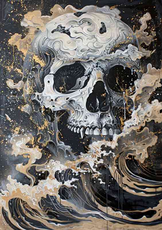 Painting with a skull between cloud and the sea