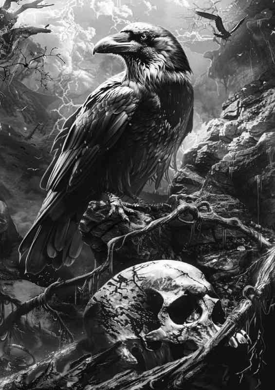 Raven and skull in black and white