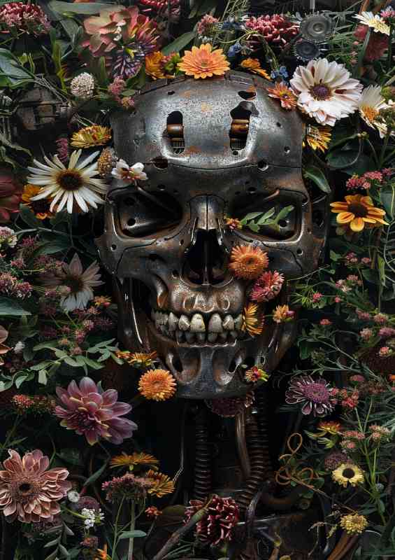 Robot skull surrounded by lots of flowers