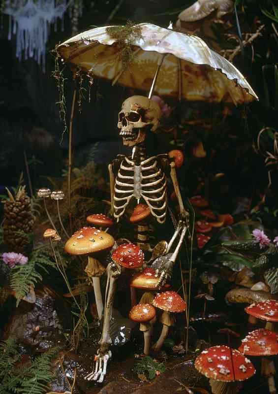 Skeleton with mushrooms under an umbrella