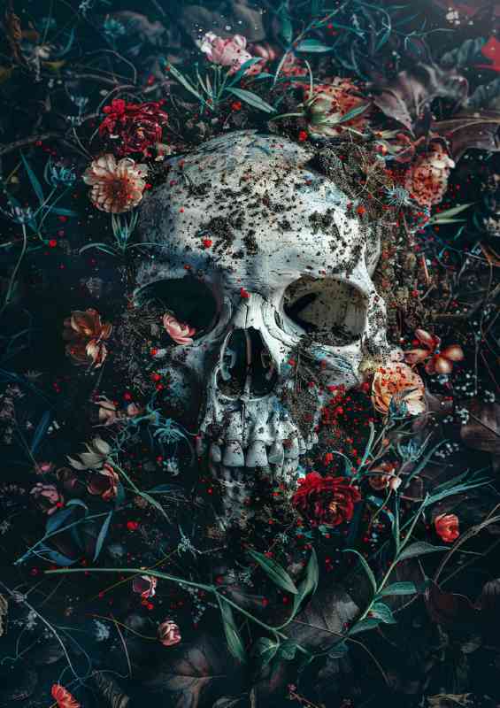 Skull covered in dirt and flowers