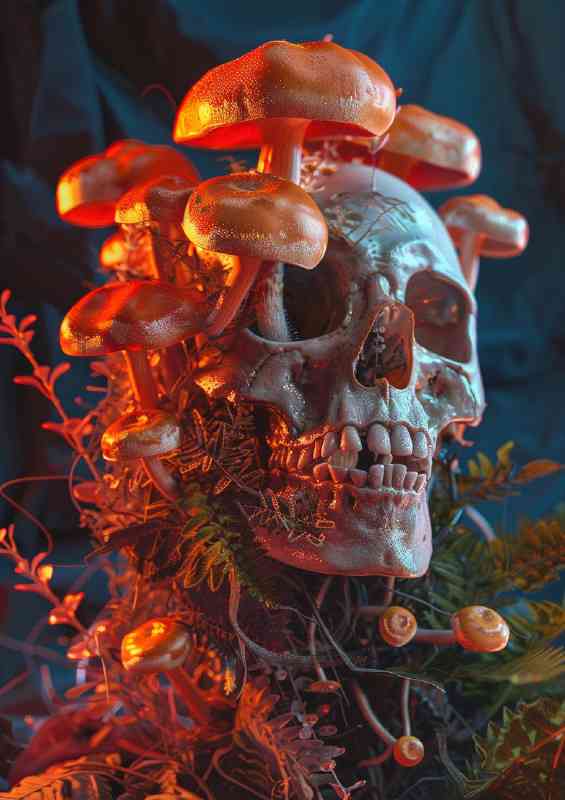 Skull in a dark room with mushrooms