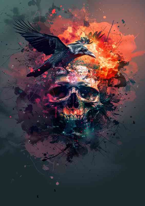 Skull in sky with raven