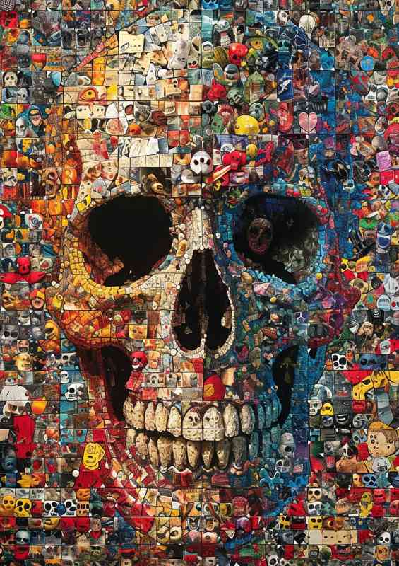 Skull in the center of a collage of junk toys