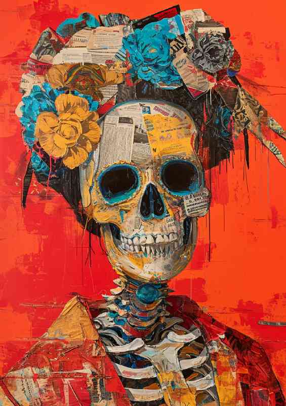 Skull surrounded by art and flowers