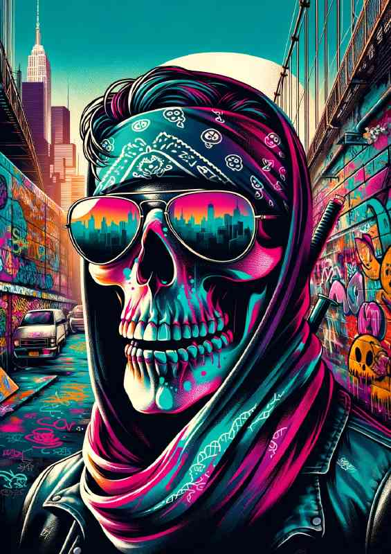 Skull wearing aviator sunglasses and a bandana