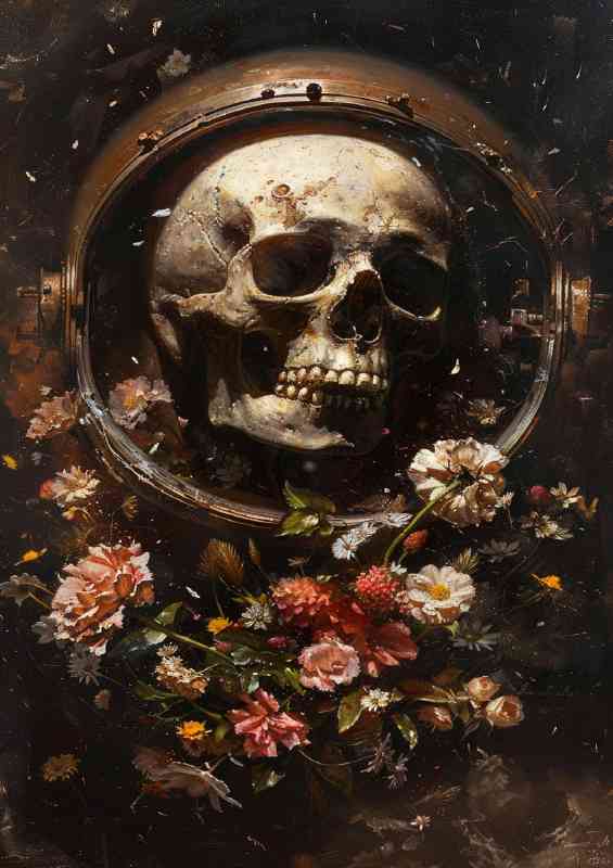 The skull is in a rusted helmet surrounded by flowers