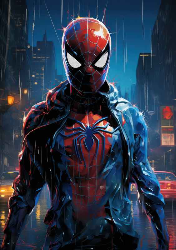 Spiderman walking in a town with a blue shirt