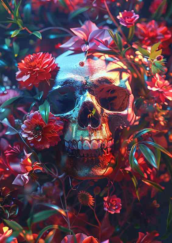 The skull is surrounded by a lot of colorful flowers