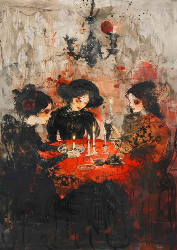Witches sitting around a table with candles