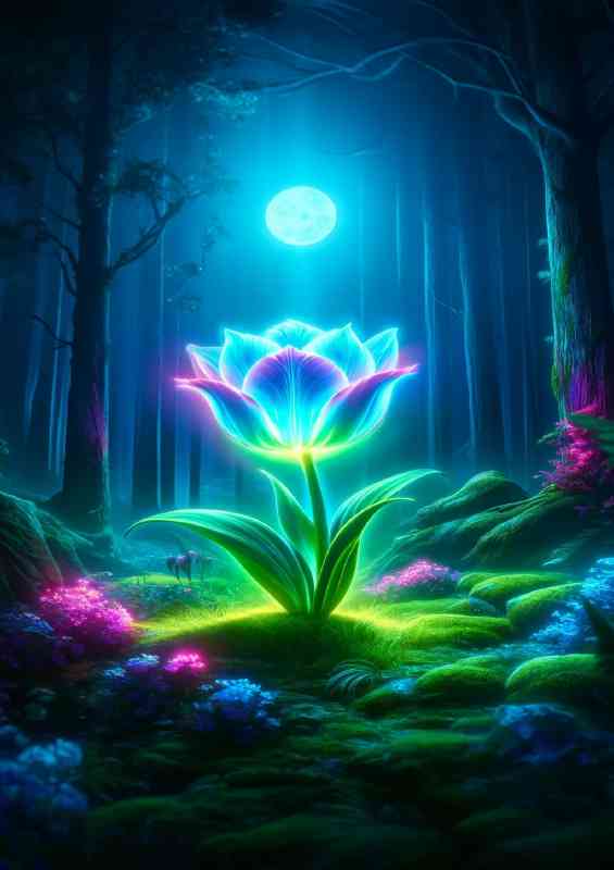 Neon glowing tulip its petals shimmering in shades of blue and green