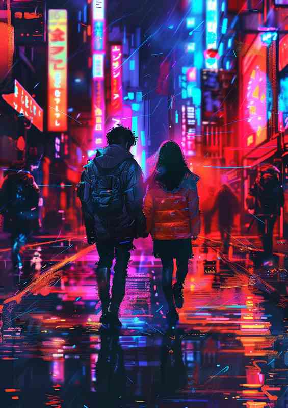 Two people with neon lights on the street