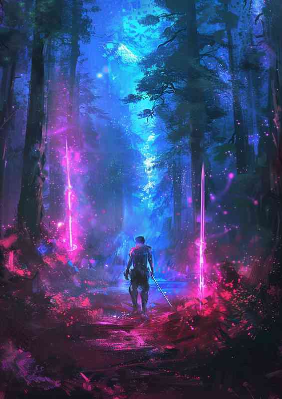 Young man walking along the path with swords