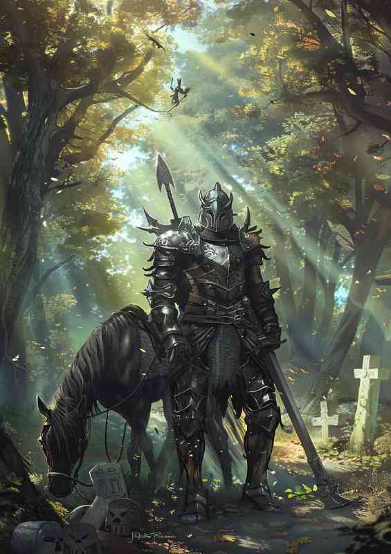 Dark fantasy armored knight and Horse