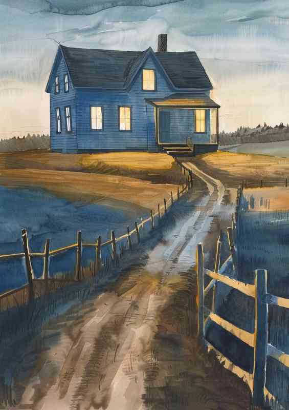 Blue farmhouse with yellow light shining through