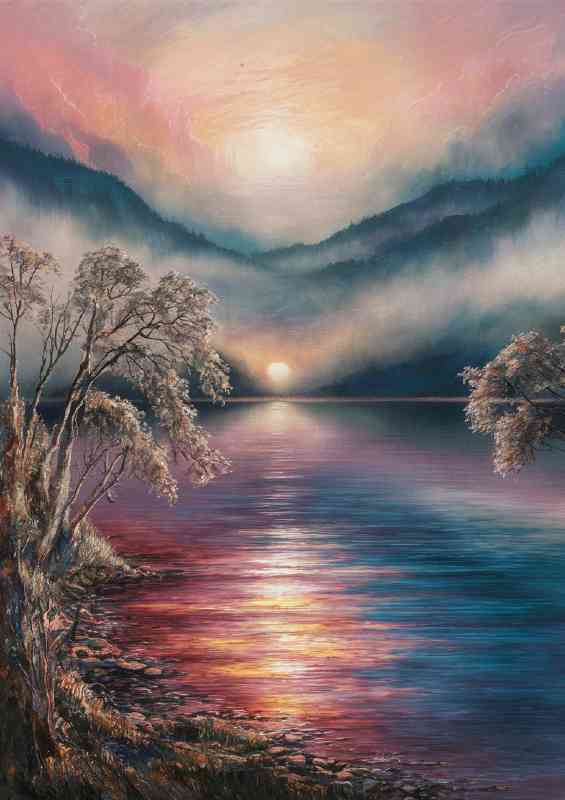 Breathtaking serene lake with mist setting