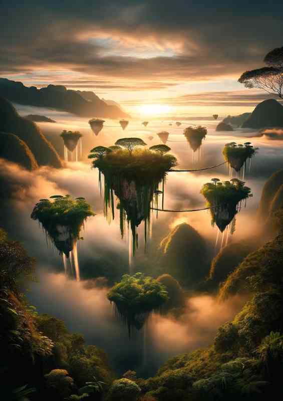 Ethereal beauty of floating islands above a misty valley